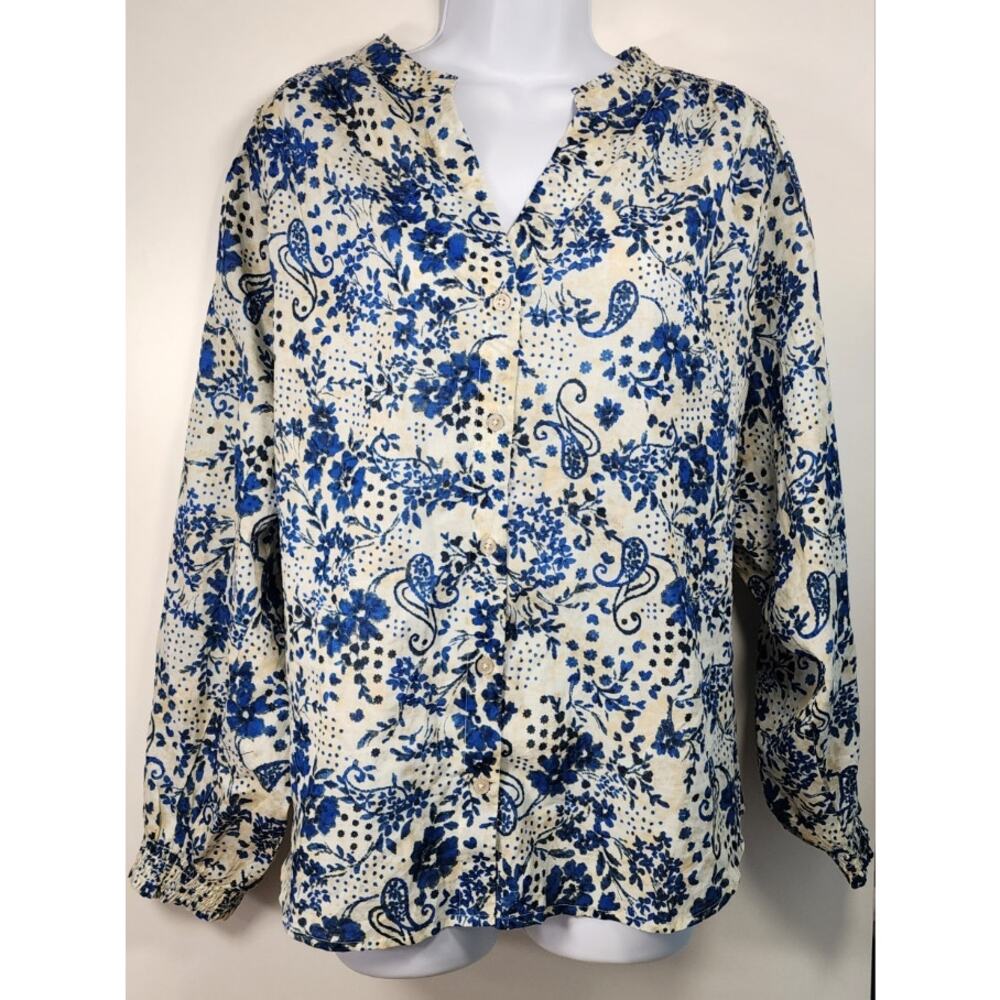 Jessica Simpson Boho Floral‎ Paisley Blouse 2X Cottagecore Blue White